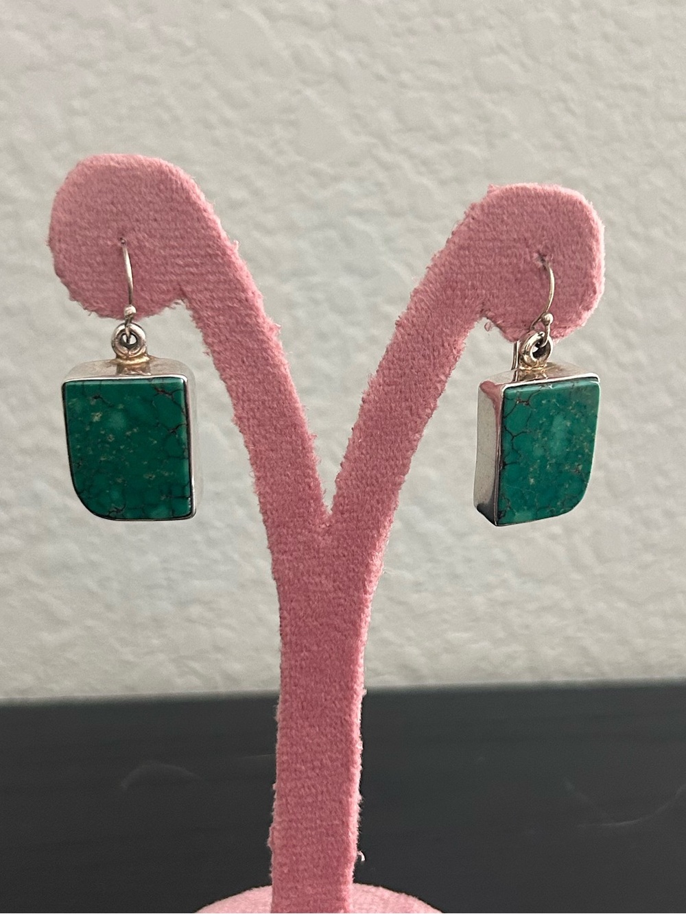 Native American Made Sterling Silver Block Turquoise Drop Dangle Earrings